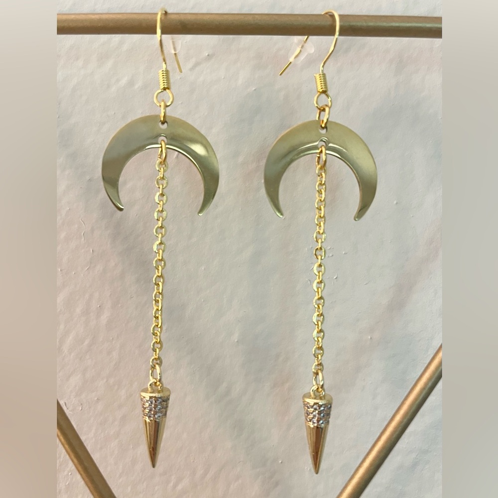 Handmade Gold Crescent Earrings with Chain Dangles